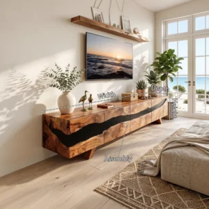 Natural brown wooden TV stand with black wave-shaped front detail, multiple panel divisions and short angled legs