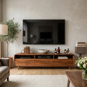 Warm brown TV stand with rounded outer frame, three open media compartments, wave-patterned lower cabinet fronts and short angled legs.