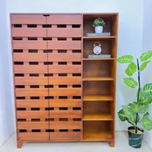 Monsoon Cedarhaven brown shoe and bag storage cabinet with horizontal slatted front panels and six open shelves.