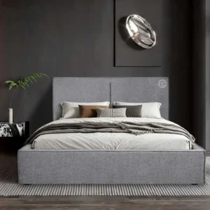 Monsoon Cedarland 5×6 grey fabric upholstered bed with tall two-panel headboard and matching low-profile upholstered frame.