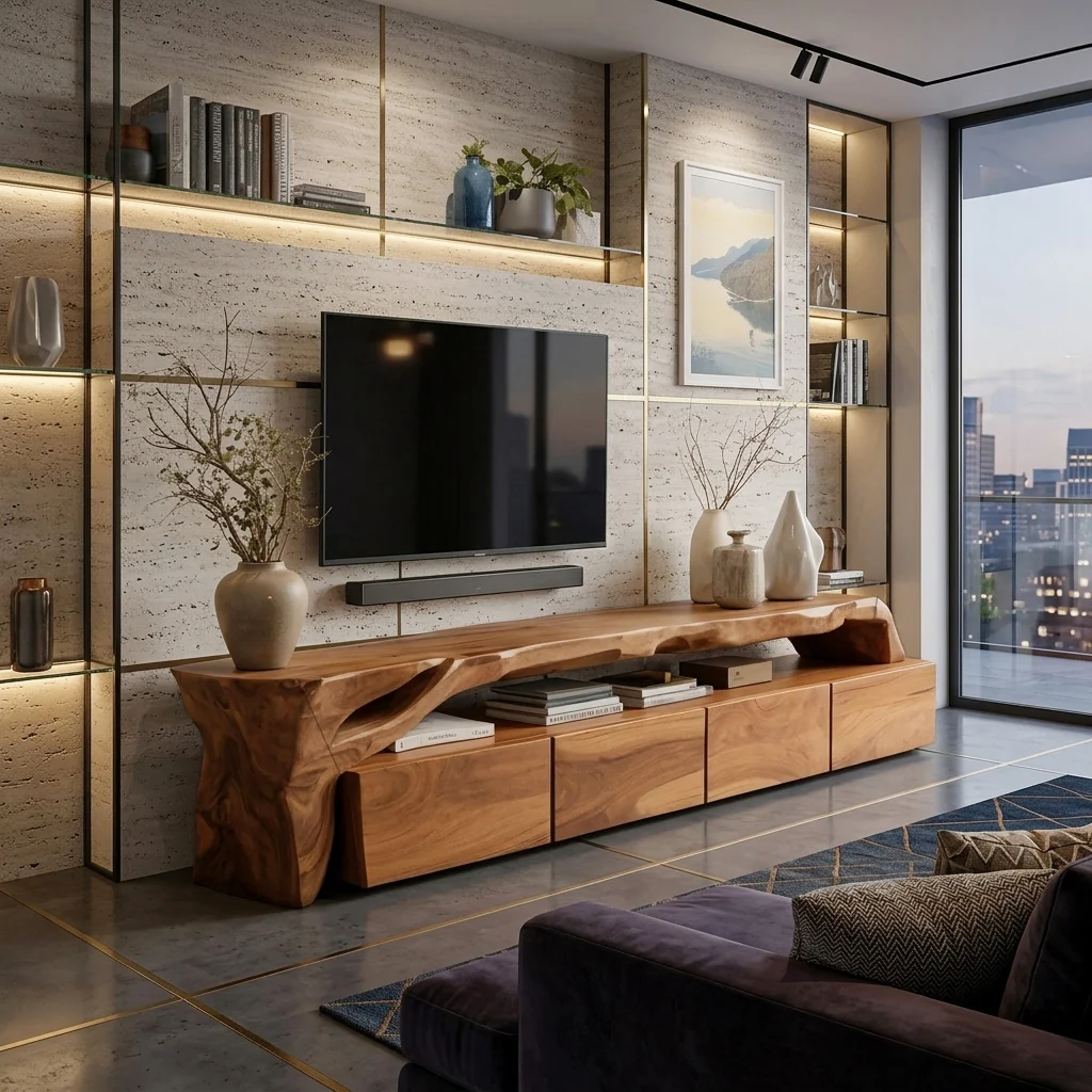 Warm brown natural-edge TV stand with sculptural supports, open shelf and lower storage cabinets in a contemporary living room.