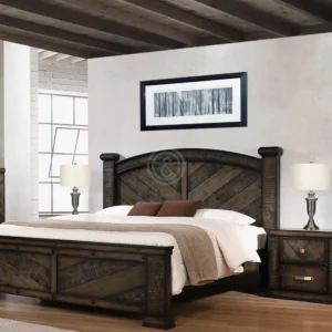 Monsoon Clovergate 5×6 rustic dark-brown wooden bed with arched chevron-panel headboard, decorative studs and matching geometric footboard.