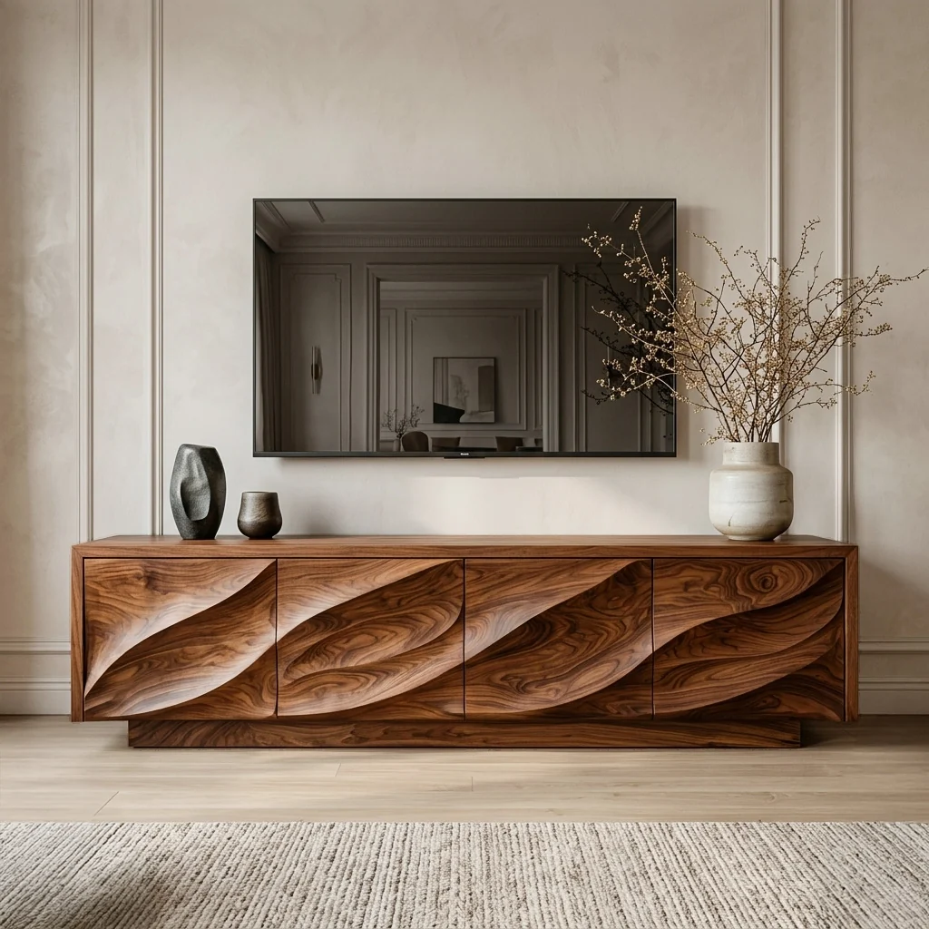 Warm brown organic wood-look TV cabinet with flowing wave-patterned front panels below a wall-mounted television