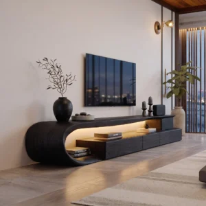 Black curved TV stand with warm illuminated shelf, lower drawer-style fronts and smooth wraparound side
