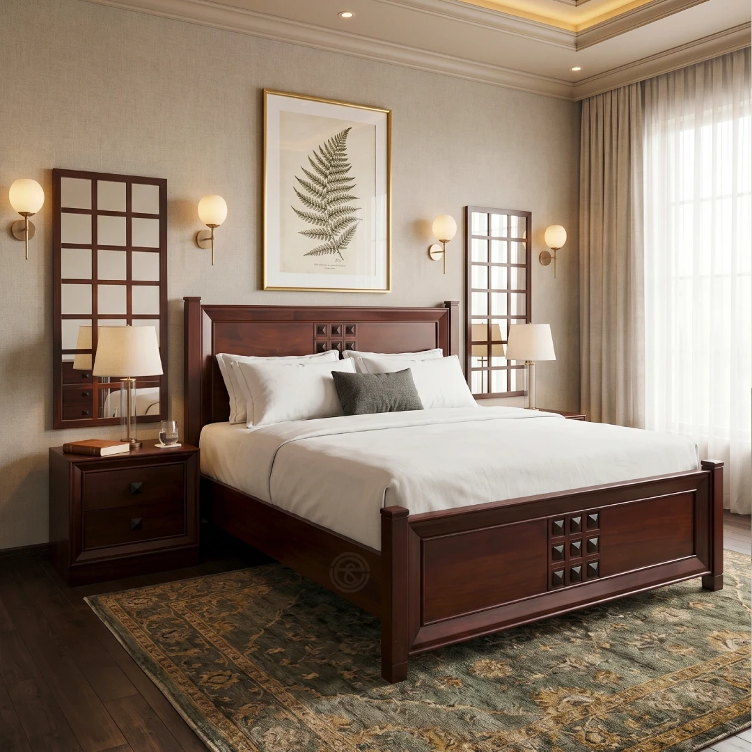 Monsoon Crestridge 5×6 dark brown wooden bed with raised geometric square headboard details and matching decorative footboard.