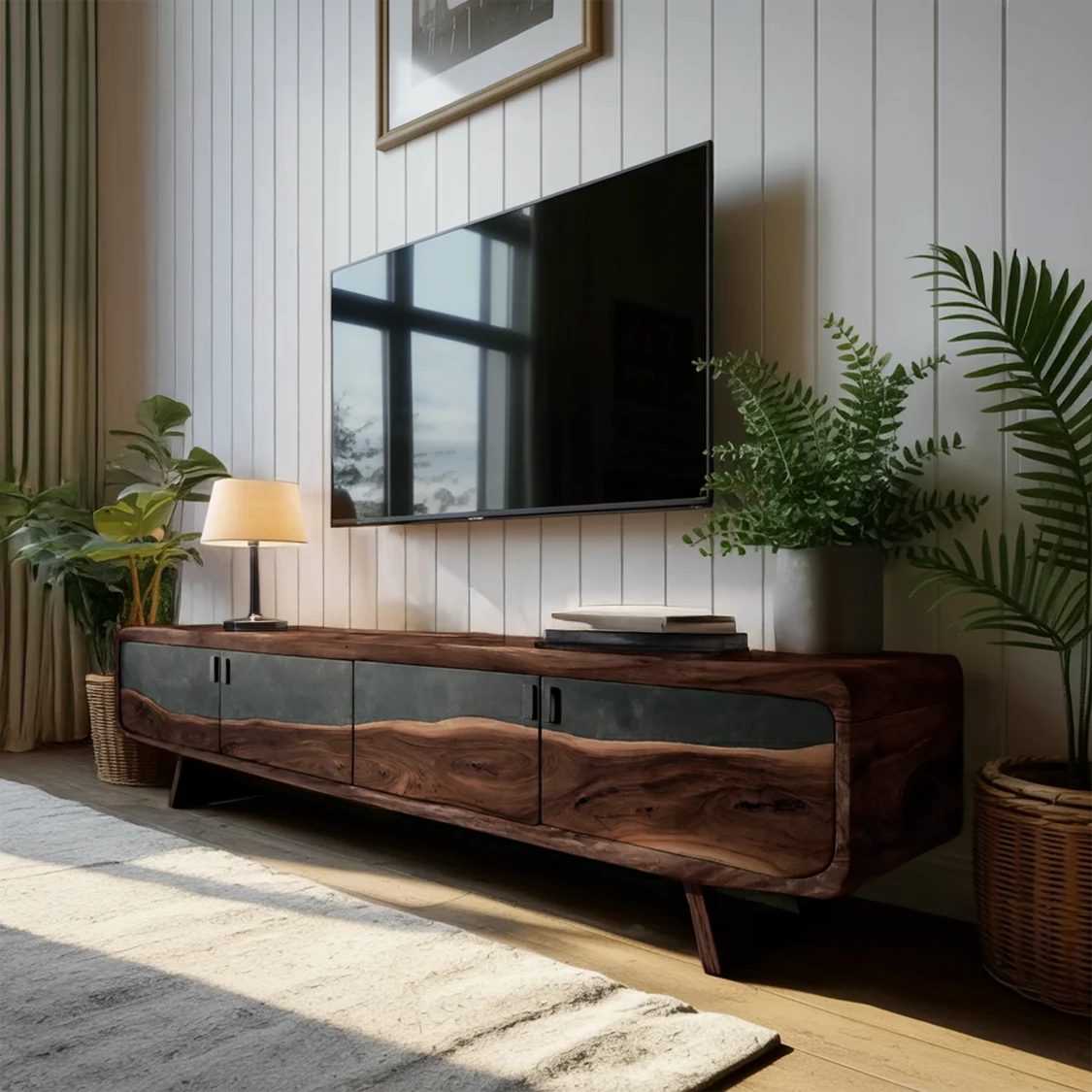 Long brown TV stand with irregular charcoal-grey bands across wood-grain cabinet fronts, vertical handles and short raised legs