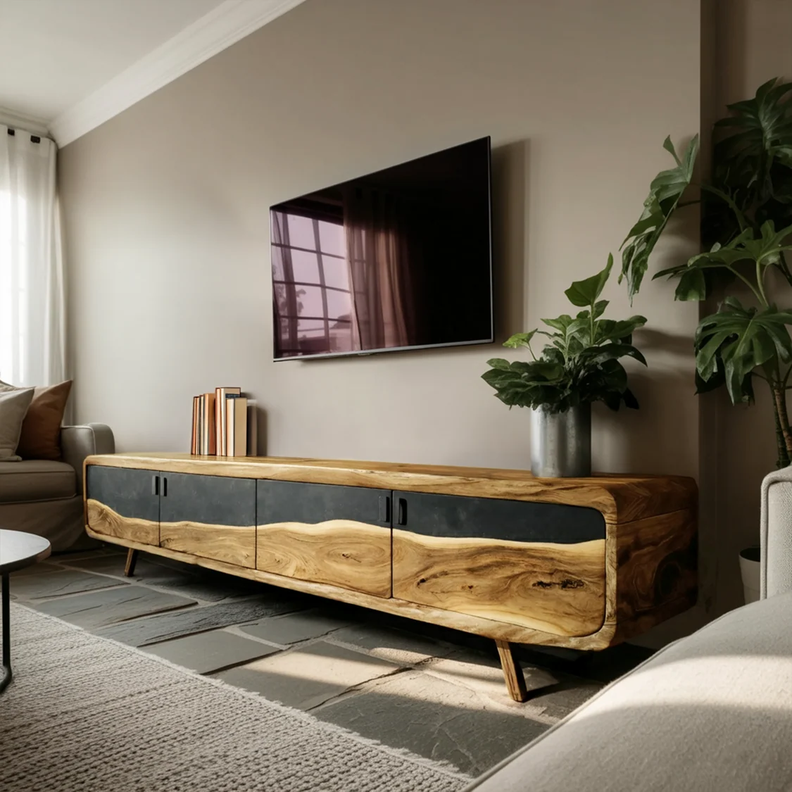 Monsoon Daleford TV Stand, Natural-Edge Two-Tone Design, Kenya - Image 2
