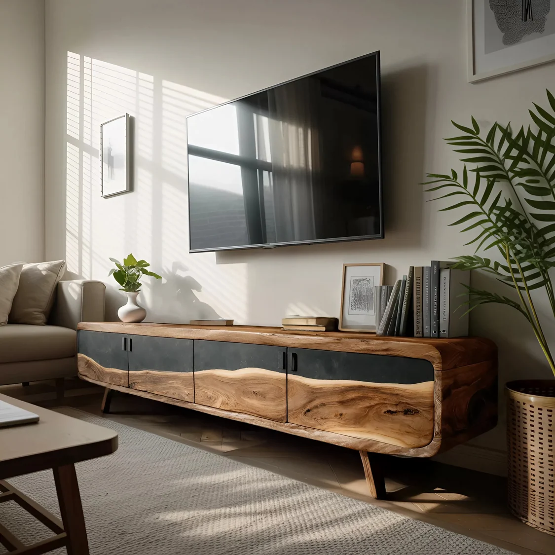 Monsoon Daleford TV Stand, Natural-Edge Two-Tone Design, Kenya - Image 3
