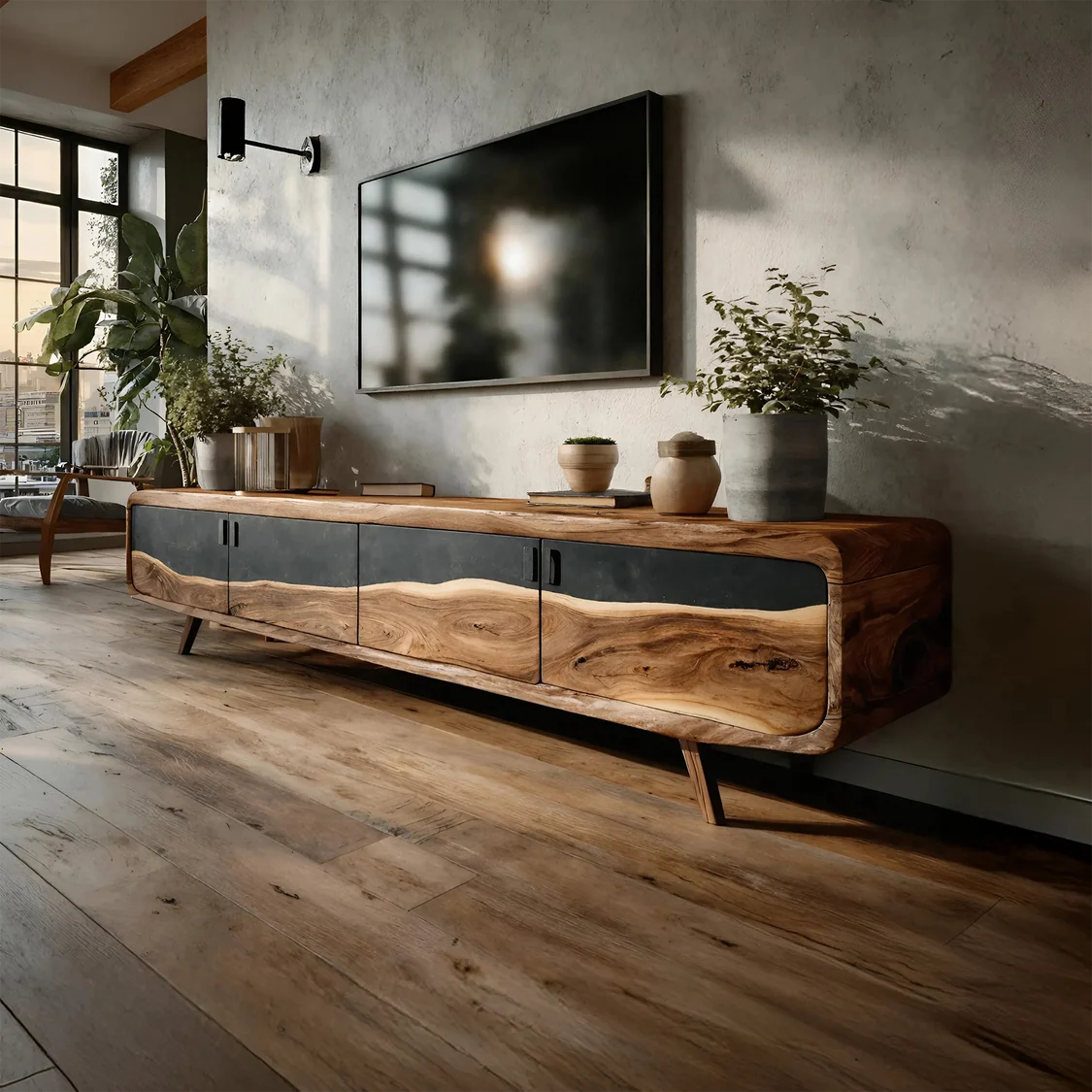 Monsoon Daleford TV Stand, Natural-Edge Two-Tone Design, Kenya - Image 4