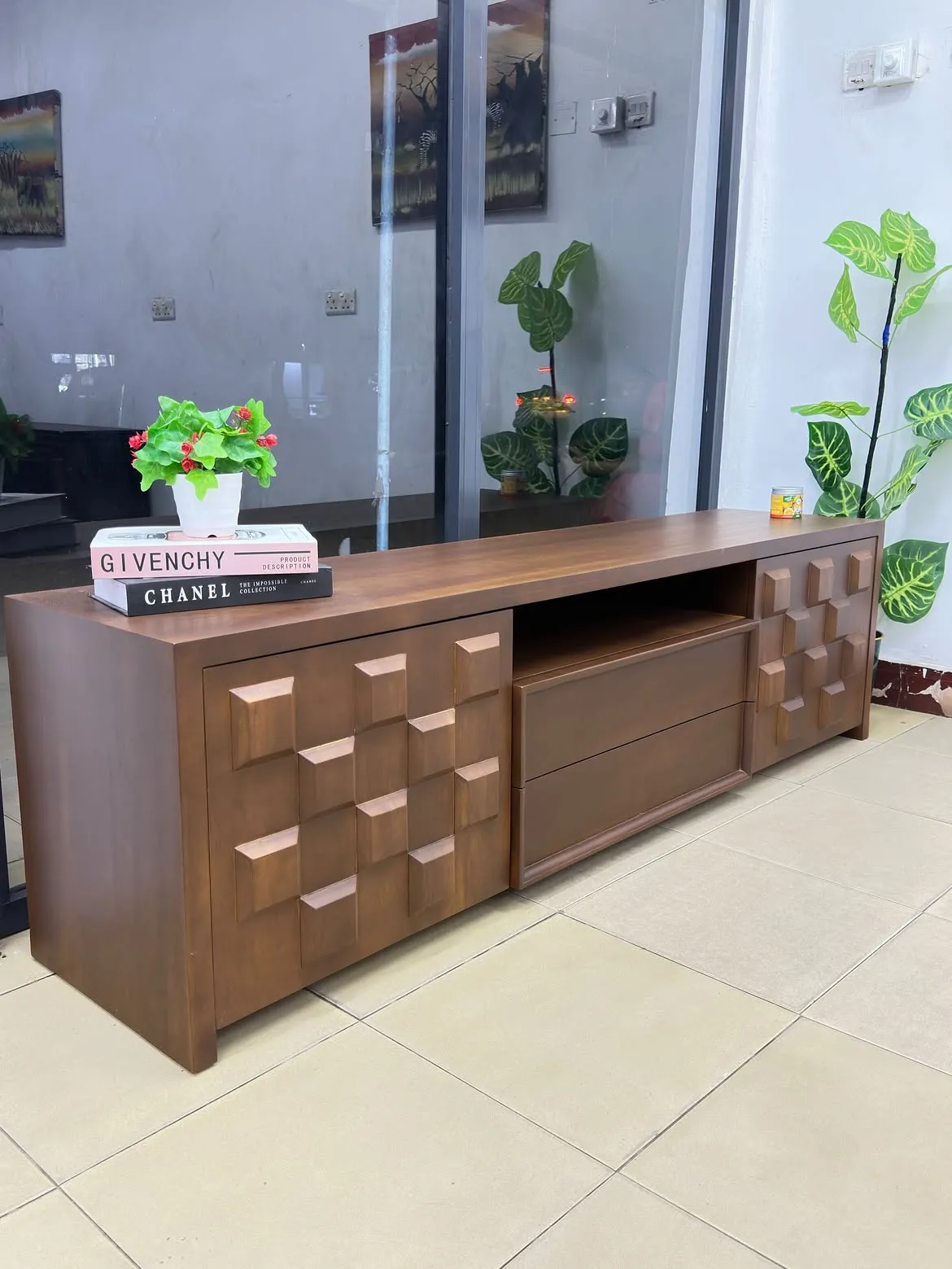 Monsoon Dover TV Stand, 6 Feet, Geometric Panel Design, Kenya - Image 2