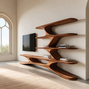 Brown wall-mounted TV shelving unit with five open horizontal levels, sculptural curved branching supports and a television positioned to the left