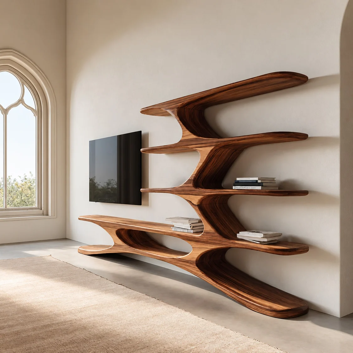 Brown wall-mounted TV shelving unit with five open horizontal levels, sculptural curved branching supports and a television positioned to the left