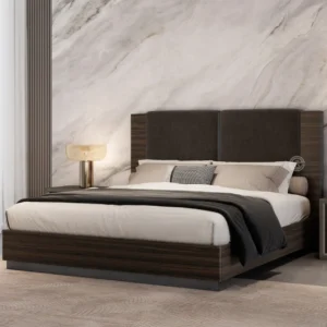 Monsoon Elmbourne 6×6 dark brown wooden bed with two charcoal padded headboard panels and a matching low-profile wooden frame.