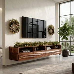 Brown floating TV stand with four open media compartments, sculptural wave-patterned lower fronts and Christmas greenery beneath a wall-mounted television.