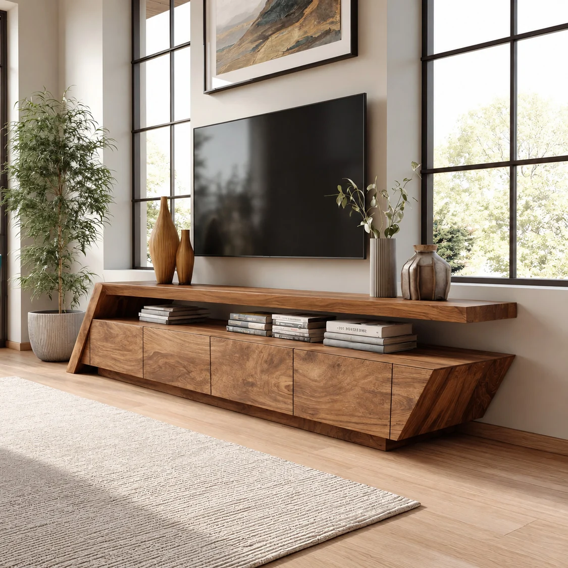 Brown geometric TV stand with angled side panels, raised upper shelf, open media compartment and divided lower cabinet fronts