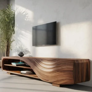 Brown sculptural TV stand with flowing wave-patterned front, left open shelves and rounded right end