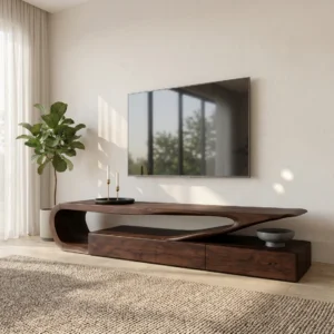 Dark brown sculptural TV console with flowing curved loop, tapered upper surface and low rectangular cabinet-style base