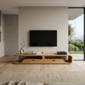 Brown contemporary TV stand featuring a long offset upper shelf, sculptural curved supports, open media compartments and low drawer-style fronts