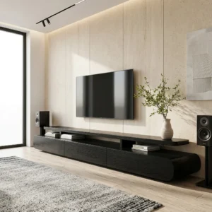 Natural brown TV stand with raised wooden-look shelf, open compartments and rounded lower cabinet ends beneath a wall-mounted TV