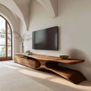 Brown TV stand with long sculptural upper shelf, curved open compartment on the right and enclosed-looking lower cabinet section on the left.