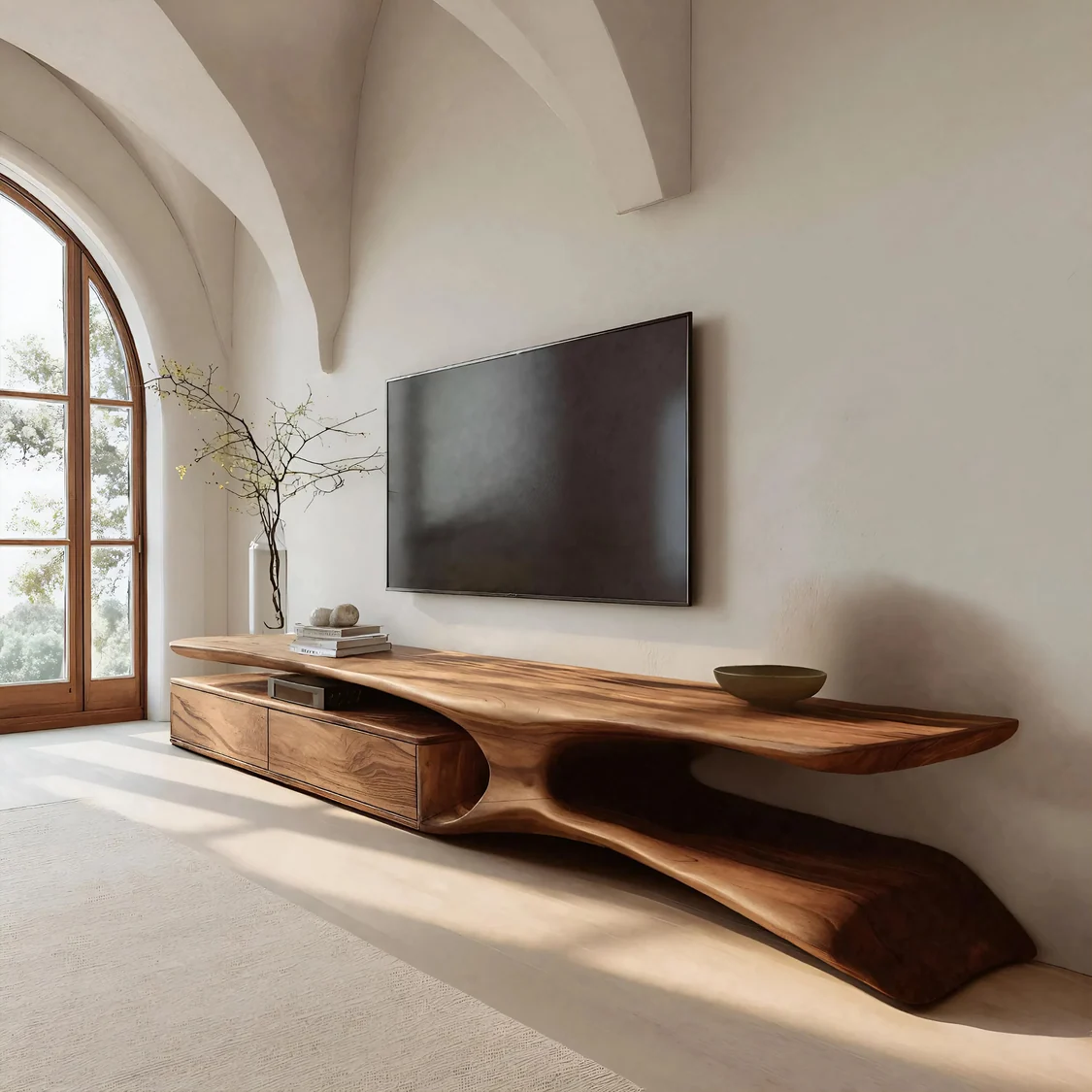 Brown TV stand with long sculptural upper shelf, curved open compartment on the right and enclosed-looking lower cabinet section on the left.