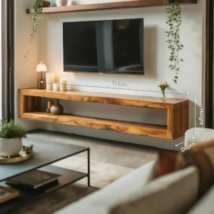 Light brown floating TV stand with a long rectangular frame, open lower shelf and smooth wood-grain-look surfaces beneath a wall-mounted television.