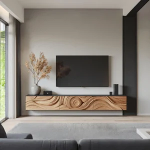Floating brown TV cabinet with circular wood-grain swirl, flowing wave-patterned front panels and dark top beneath a wall-mounted television