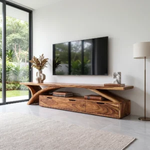 Brown contemporary TV stand featuring intersecting sculptural arch supports, long elevated top and three lower drawer-style cabinet fronts.