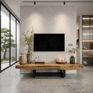 Rustic brown TV stand with thick natural-edge-style wood-look top and dark rectangular open support base beneath a wall-mounted television.