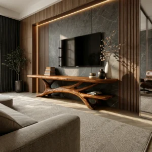 Brown sculptural TV stand with branching curved supports, long top and offset lower shelf beneath a wall-mounted television
