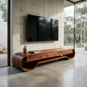 sculptural TV stand with rounded wraparound ends, central cabinet-style fronts and curved lower open shelf
