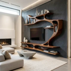 sculptural wall-mounted TV shelving with flowing branch-like curves, open display compartments and a long lower shelf
