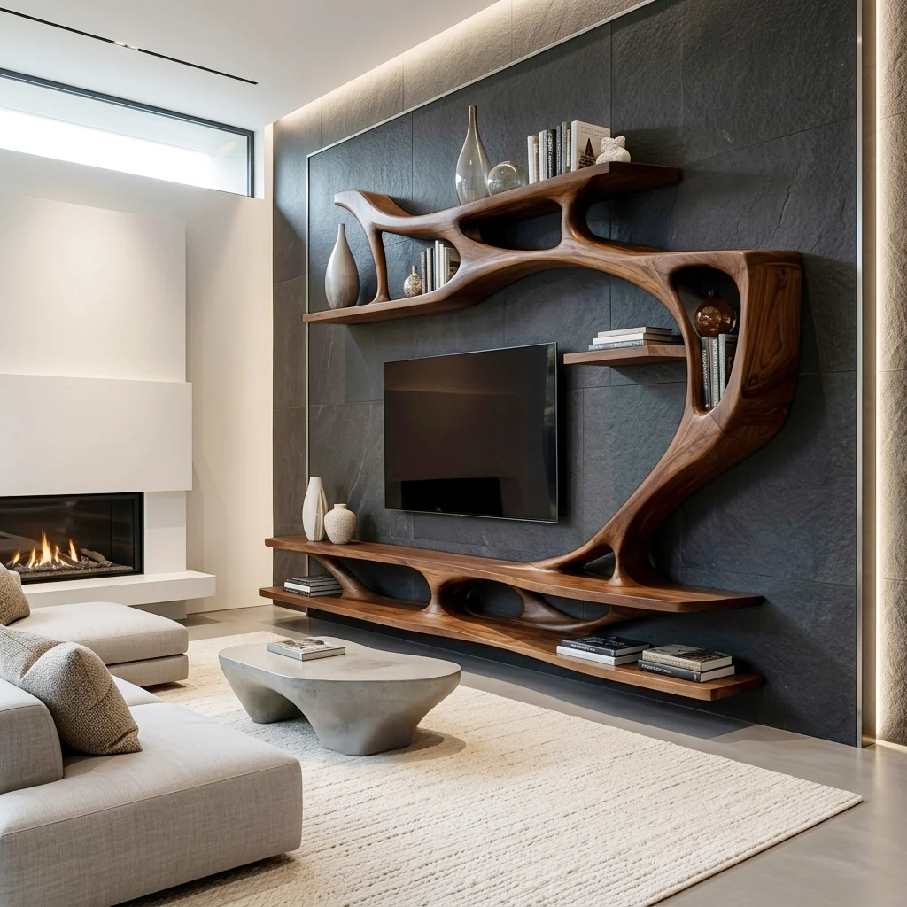 sculptural wall-mounted TV shelving with flowing branch-like curves, open display compartments and a long lower shelf