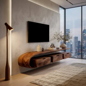 Brown floating-style TV console with rounded left end, long upper shelf and three lower rectangular storage fronts