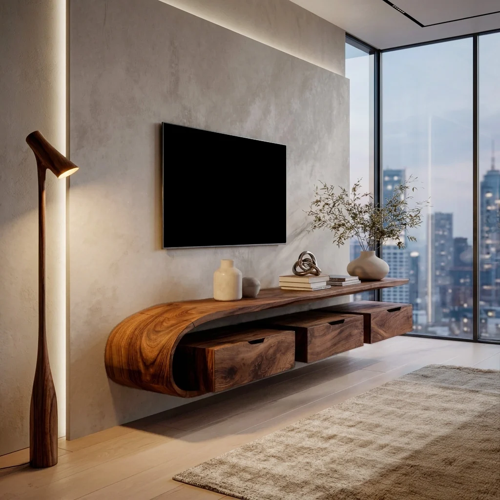 Brown floating-style TV console with rounded left end, long upper shelf and three lower rectangular storage fronts