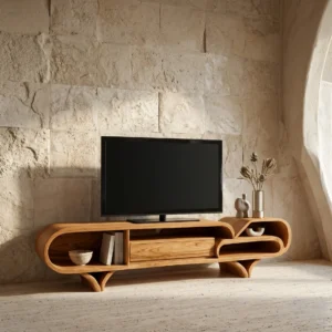 Honey-brown curved TV stand with oval open shelf, central cabinet section, tiered right shelves and sculptural legs