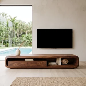 Dark-brown rounded TV stand with recessed central cabinet fronts and open shelving beneath a wall-mounted television