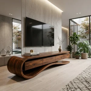sculptural TV stand with a large rolled left end, divided cabinet-style fronts and sweeping lower open shelf