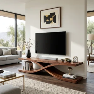 sculptural TV stand with curved X-shaped supports, long upper shelf and two open lower display platforms