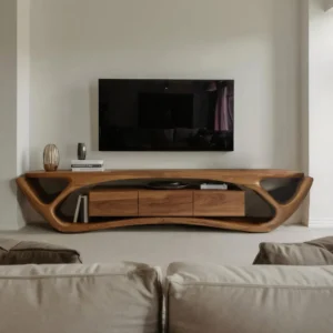 Brown curved TV stand with symmetrical sculptural side openings and three central cabinet-style fronts