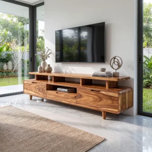TV Stand, Raised Shelf TV Stand, Brown TV Console, Modern Entertainment Cabinet, Open Shelf TV Stand, Rounded TV Cabinet, Mid-Century TV Stand, Wood-Grain TV Console, Living Room Furniture Kenya, Monsoon Furniture